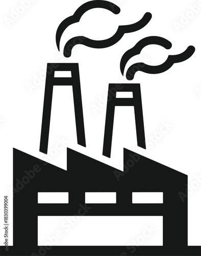 Vector black icon illustration of an industrial factory building with smoking chimneys representing manufacturing business isolated on white background
