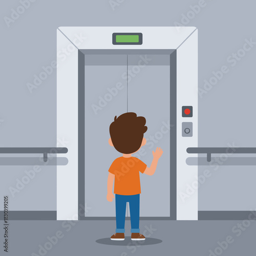 Child waiting at elevator and waving in indoor lobby setting  