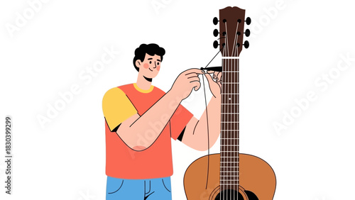 Focused Musician Tuning Acoustic Guitar with Precision, Ensuring Perfect Harmony and Sound for an Upcoming Performance