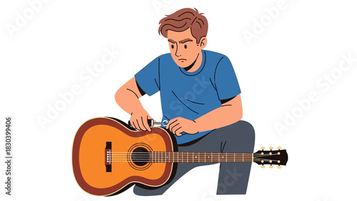 Cartoon Man Tuning Guitar - Musical Hobby Illustration