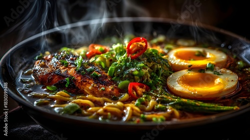 Steaming hot ramen bowl with grilled meat, soft eggs and spicy broth garnished with herbs, perfect for food blogs, recipe books
