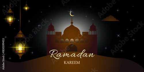 Vector illustration of a mosque with a crescent moon, glowing lanterns and night sky, created in warm golden and dark tones for the Ramadan Kareem celebration