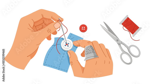 Engaged hands meticulously sewing a button onto fabric, using needle and red thread; a detailed illustration of craft, repair, and handmade skill