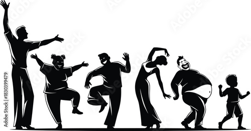 Energetic diverse group of dancing people silhouettes expressing joy, movement, rhythm and fun in playful artistic scene, cad drawing flat vector illustration