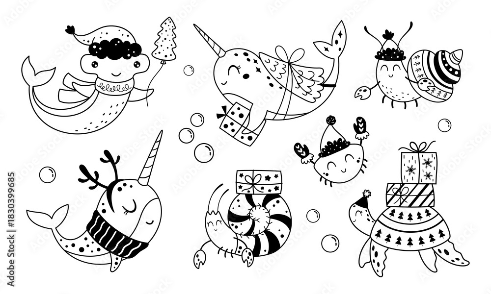 Fototapeta premium Black and White Christmas Sea Animals Clipart Set. Cute Xmas Ocean Characters Doodle. Festive Under The Sea. Holiday Nautical Illustrations.