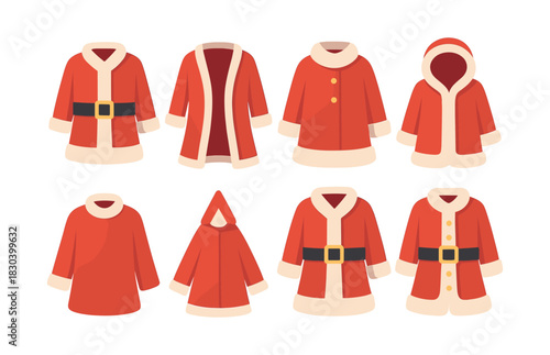 Santa claus coats collection, flat vector illustration of holiday costumes, festive attire