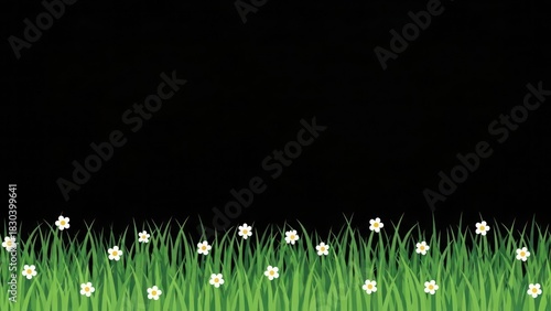 Green grass with small white flowers against a solid black background, a simple graphic design element.