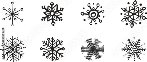 Set of intricate black snowflake icons in clean vector style. Winter decorative designs ideal for holiday graphics and seasonal branding. Perfect for patterns, prints, and digital art.