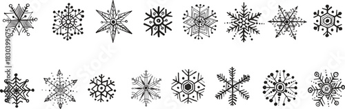 Set of intricate black snowflake icons in clean vector style. Winter decorative designs ideal for holiday graphics and seasonal branding. Perfect for patterns, prints, and digital art.