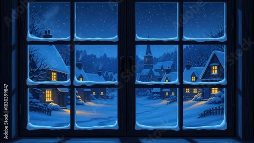 A serene winter night scene viewed through a snowy window, revealing a charming village with warmly lit houses and a distant church.