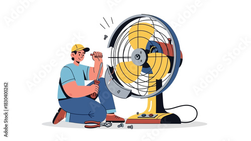 Man Fixing a Broken Electric Fan with a Screwdriver, Repairing Malfunctioning Appliances