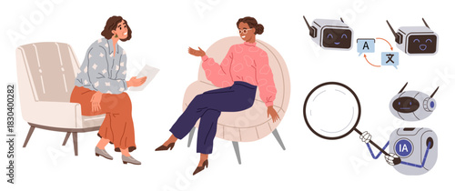 Two women engaging in conversation on modern chairs, accompanied by robots performing translation, magnification, and communication tasks. Ideal for technology, AI, language, collaboration