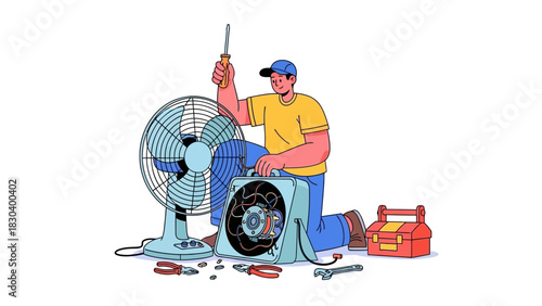 Skilled technician performing routine maintenance and repair on an electric cooling fan to ensure optimal performance during warm weather