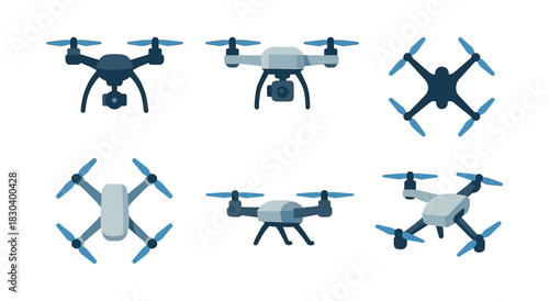 Drone collection, quadcopters and aerial vehicles, flat vector illustration