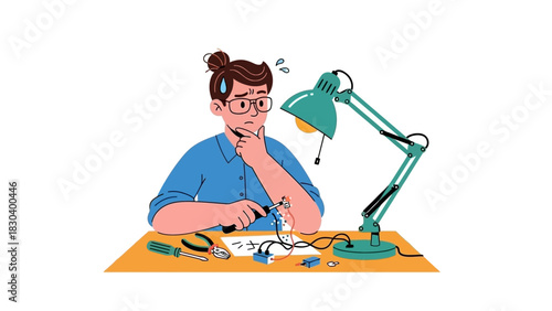 Person struggling with electronics, contemplating wiring and tools at a desk, with a lamp