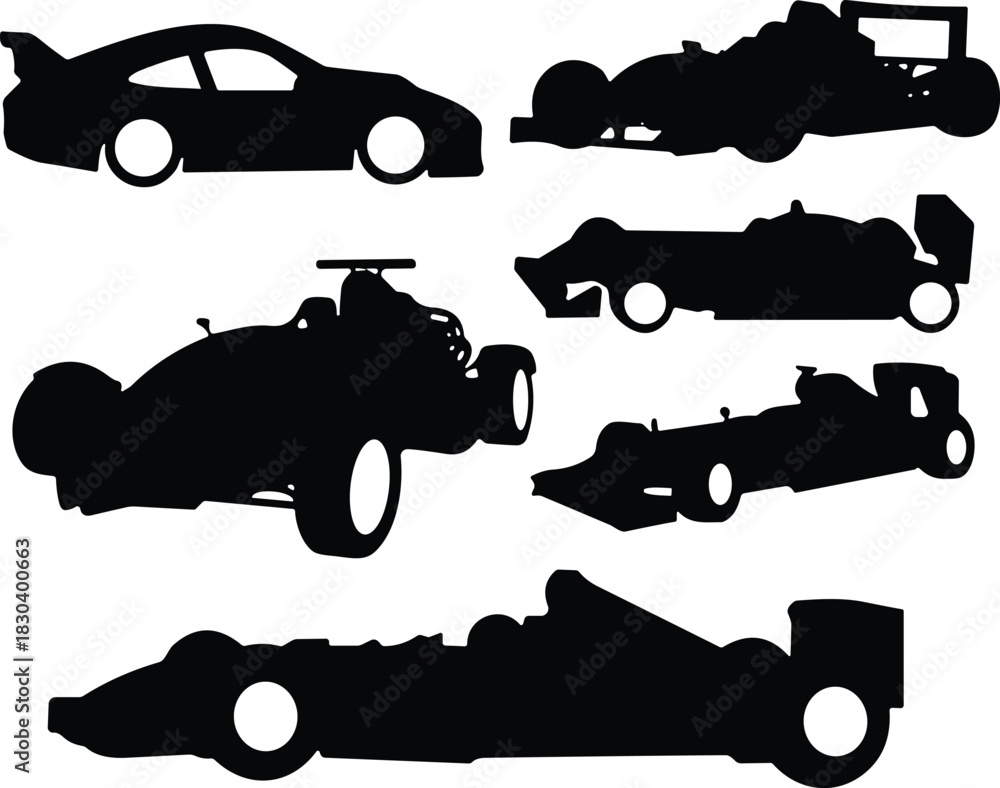 Fototapeta premium Vector collection of black silhouettes featuring various formula racing cars and sports vehicles isolated on white background for motorsport design.