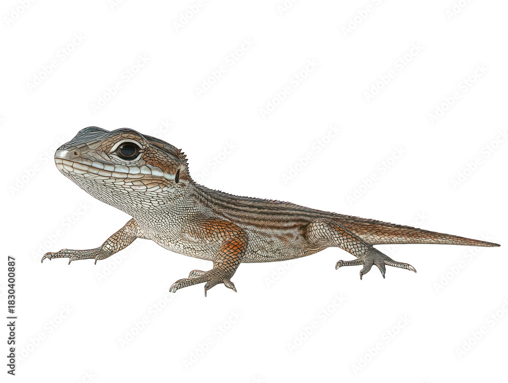 Fototapeta premium Lizard with brown stripes, small legs, and a head turned towards the camera