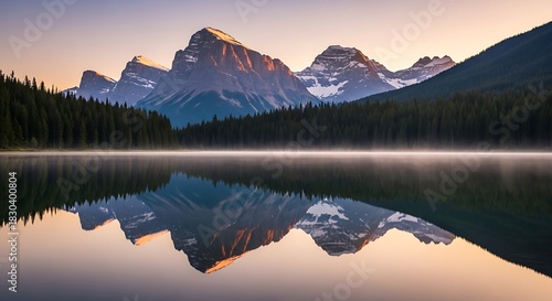 A tranquil wilderness escape as the first light of dawn illuminates majestic peaks, creating a stunning and serene mirror reflection on a calm alpine lake