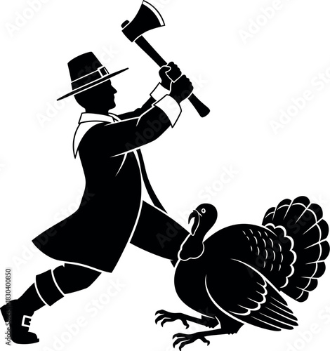 Pilgrim man with axe pursuing a turkey, thanksgiving tradition.