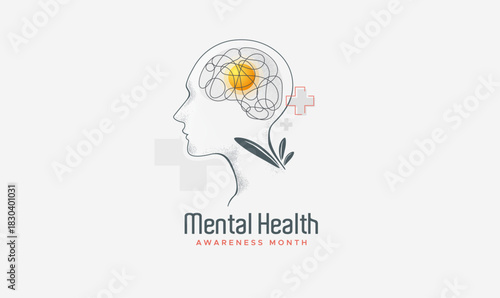 Mental Health Awareness Month. Features a human profile with a complex illuminated brain, a medical cross, and healing plants. Symbolizes support, therapy, and psychological recovery. health campaign