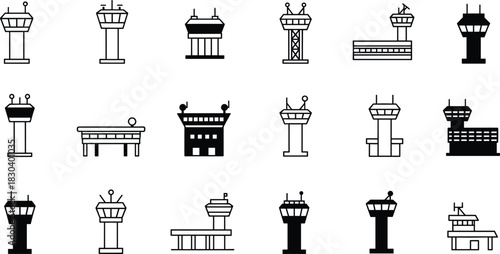 Airport control tower icon set, aviation radar silhouette, communication tower vector, antenna design, navigation structure, satellite dish outline, 