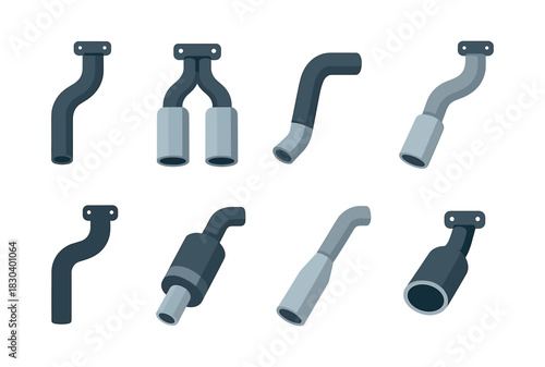Car exhaust parts set, flat vector illustration of mufflers, automotive elements