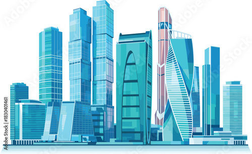 Futuristic city skyline illustration, modern architecture, twisted skyscraper, glass buildings, urban design, teal blue palette, stylized cityscape, high-rise towers