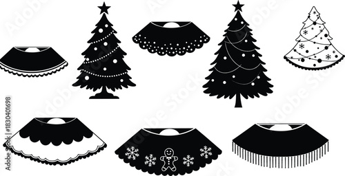 Christmas tree silhouette, festive skirt icon, holiday decor vector, gingerbread design, snowflake ornament graphic, seasonal decoration illustration, winter celebration