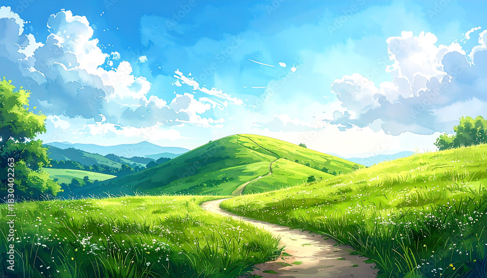 Fototapeta premium 青空と丘の上の道_generated by AI 