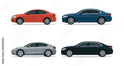 Car collection side view, sedan, flat vector illustration, vehicles, transportation