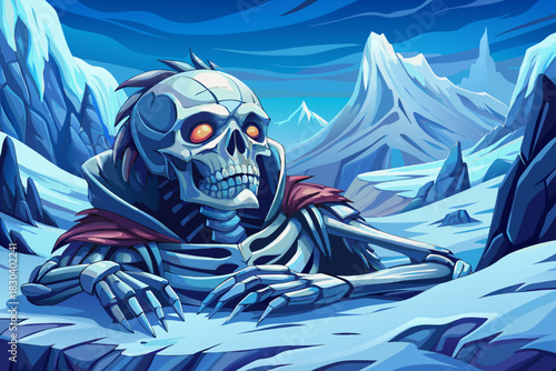 frozen skeleton lies on an expansive snowfield surrounded by icy winds, white terrain, and towering blue mountains beneath a pale winter sky