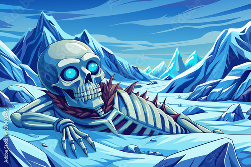 frozen skeleton lies on an expansive snowfield surrounded by icy winds, white terrain, and towering blue mountains beneath a pale winter sky