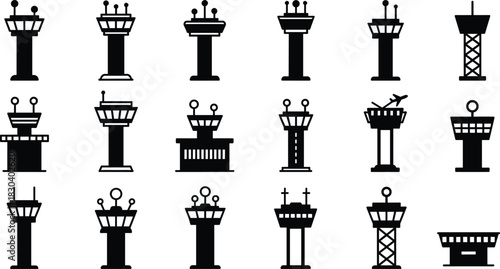 Airport control tower icon set, aviation radar silhouette, communication tower vector, antenna design, navigation structure, satellite dish outline, infrastructure art