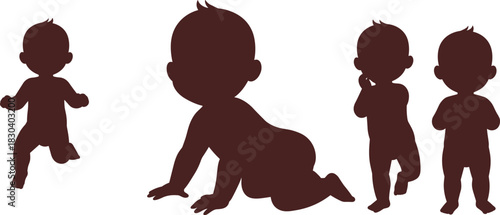 Baby silhouettes in motion, crawling, standing, walking, infant development stages, toddler growth, childhood milestones, black silhouette art, baby poses
