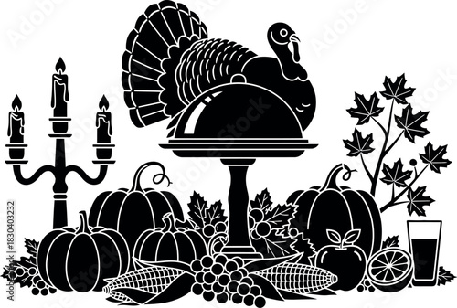 Thanksgiving harvest feast table silhouette with autumn holiday decor
