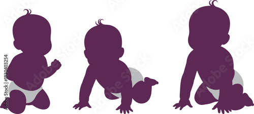 Baby crawling silhouettes, infant movement stages, toddler growth, child development, crawling poses, baby milestone art, childhood motion, black silhouette design, baby posture