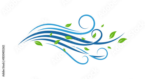 Wind blowing leaves abstract blue swirl illustration for nature and weather concepts clean and fresh design