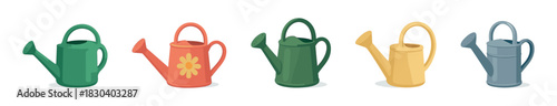 Watering cans collection, flat vector illustration, garden tools, horticulture