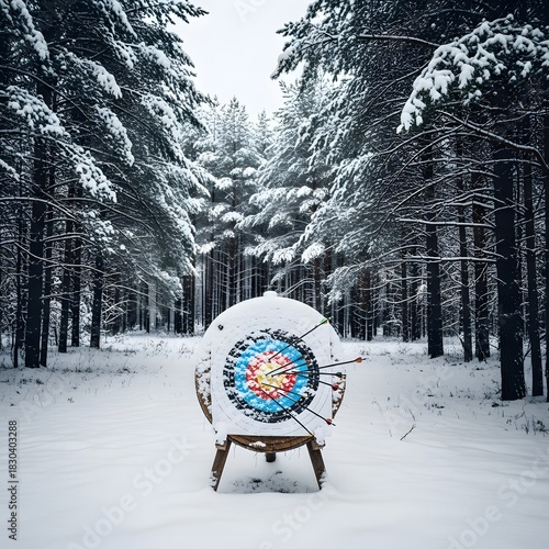 Snow-covered archery target with arrows in a tranquil winter forest clearing