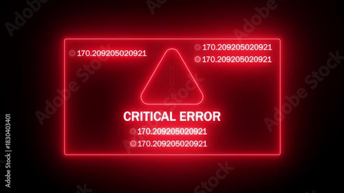 neon red critical error sign with random code numbers. high priority computer bug visualization. software crash alert with warning icon. virtual interface fatal error concept.