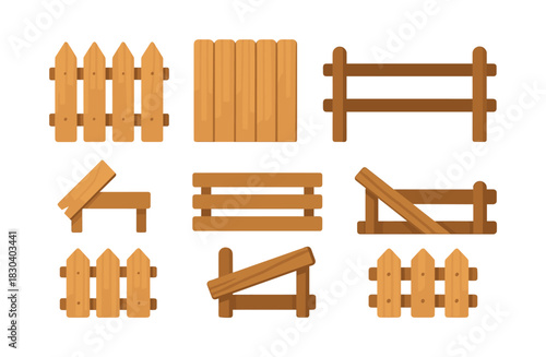 Wooden fence set, gates, barriers, flat vector illustration, construction elements