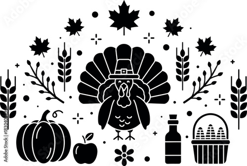 Thanksgiving autumn harvest celebration flat design icons set