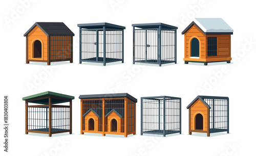 Dog kennel collection, cages, shelters, flat vector illustration