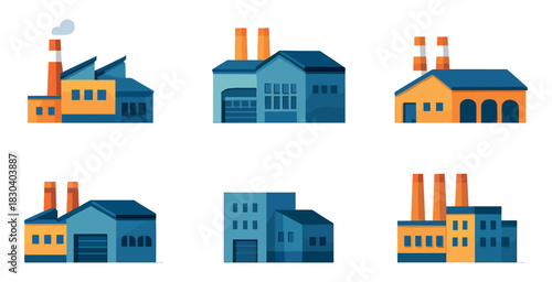 Industrial buildings collection, factories, power plants, flat vector illustration