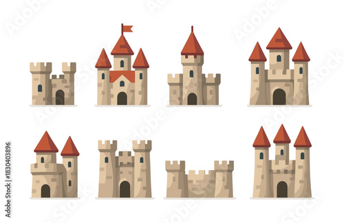 Medieval castles collection, flat vector illustration, fortresses, towers