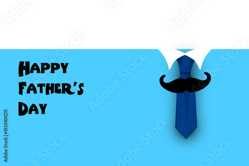 Happy Father’s Day blue graphic design with necktie and mustache elements in a simple celebration layout