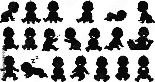 Baby silhouettes, infant poses, crawling baby, sitting baby, sleeping baby, toddler silhouettes, child activities, baby posture, newborn outline, infant daily life
