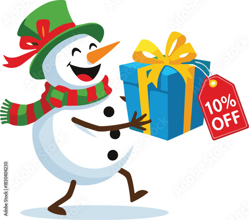 Happy snowman character running with Christmas present and ten percent off red price tag for winter holiday sale vector