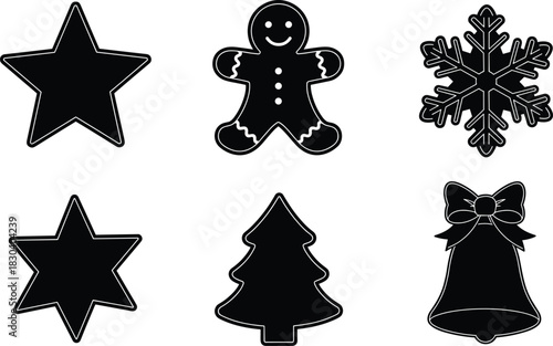 Christmas silhouette icon set, festive holiday symbols, gingerbread man, snowflake star, Christmas tree, bell with bow, seasonal decoration vector