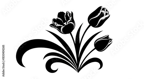 Black and White Silhouette of Three Tulips with Swirling Leaves Elegant Floral Design for Decoration and Art